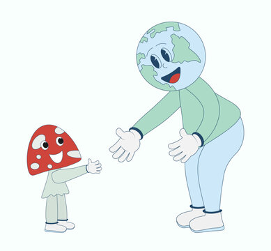 Funny planet and fly-agaric in trendy retro cartoon style. Handshake hand gesture Earth Day and World Environment Day design element  Vector illustration, Isolated on white background 