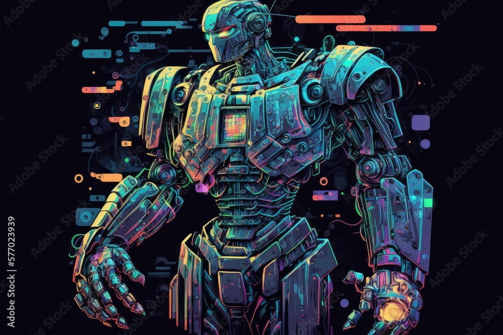 Poster imaginary cyberspace robot with artificial intelligence. in the abstract, a computer or other electr