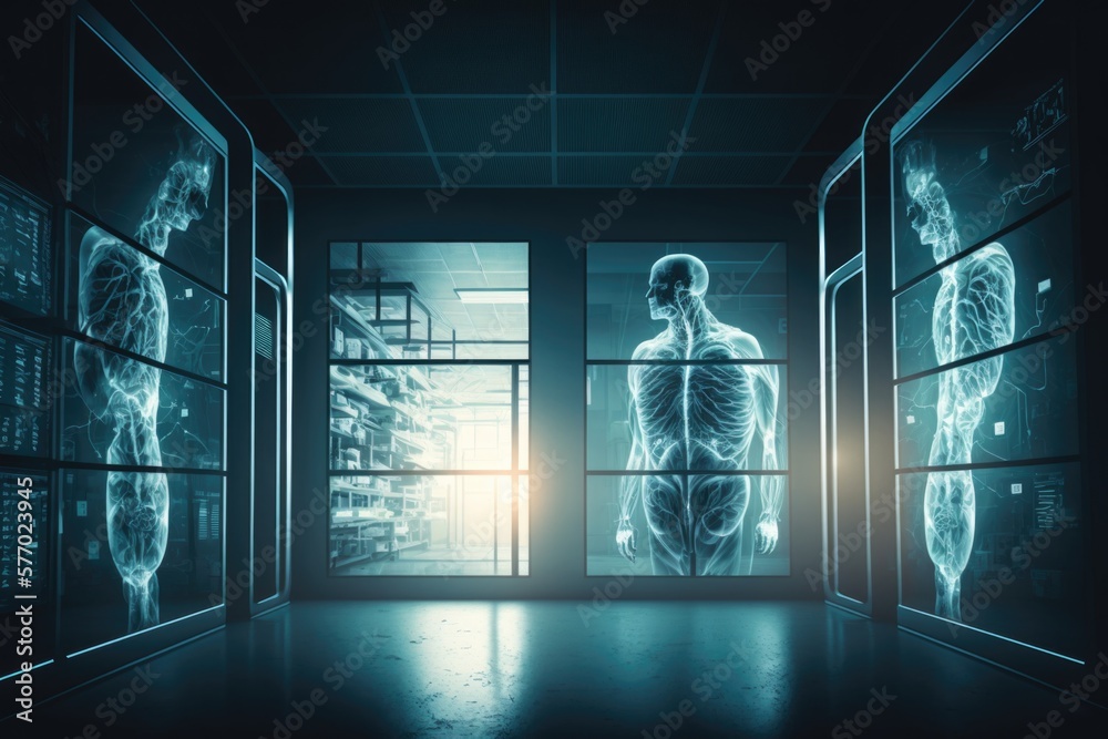 Poster a skeleton in a room with multiple windows and a view of a server room with multiple screens biopunk