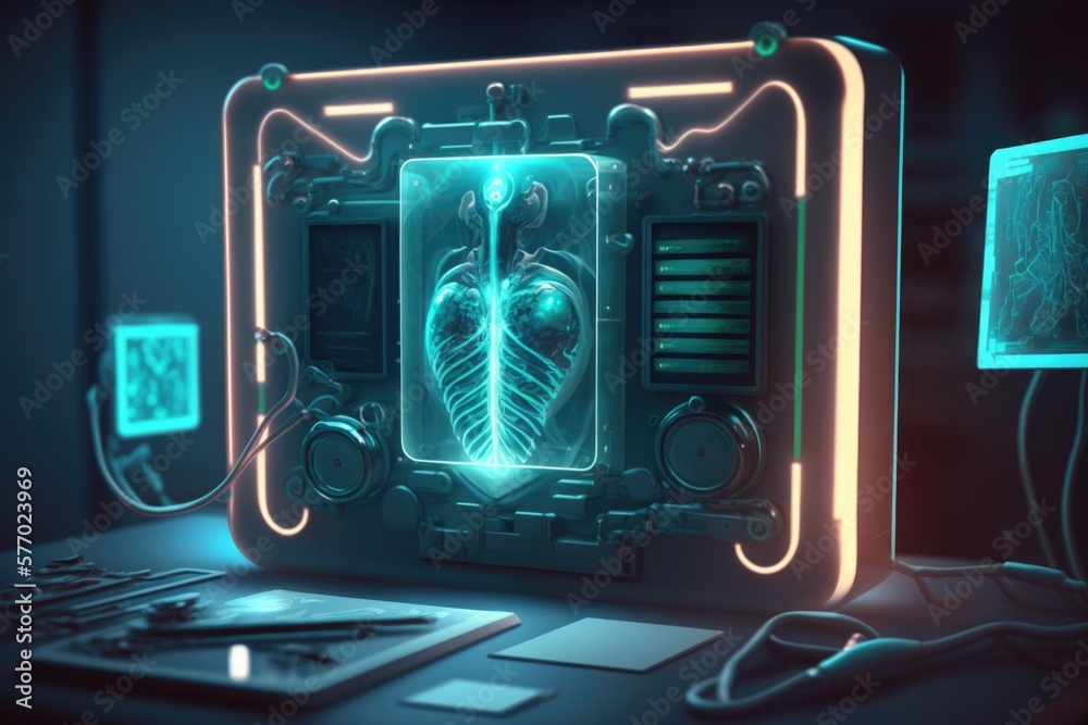 Poster a computer with a neon frame and a neon light on it's side and a keyboard on the other side biopunk 