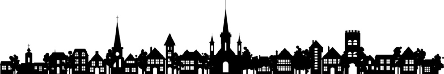 Obraz premium Old historic town silhouette skyline. Vector abstact flat row of houses, churches, buildings with trees, parks and gardens heigbourhood. Rural countryside architecture.