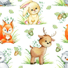 Forest, animals, squirrel, deer, owl, bunny, in cartoon style, on an isolated background. Watercolor, seamless pattern