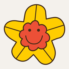 Smiling flower, abstract personage, mascot design, funny face, cute icon.