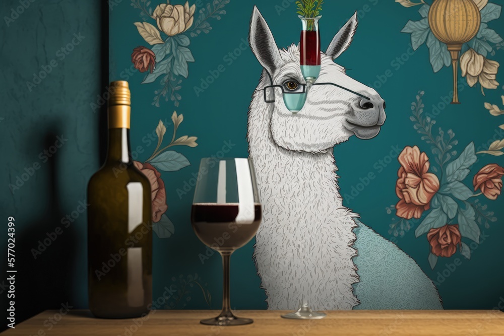 Wall mural Llama holding a wine glass in this cartoonish illustration. Animal themed wall paper with a humorous print design. Generative AI