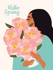 Hello Spring. A bouquet of spring flowers of delicate pink peonies in the hands of a beautiful young woman with long hair. Festive March postcard. 