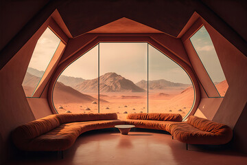 AI image of spacious living room with panoramic windows in Mars