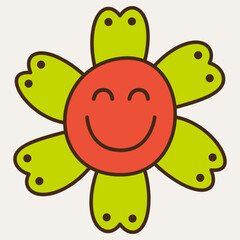 Smiling flower, abstract personage, mascot design, funny face, cute icon.