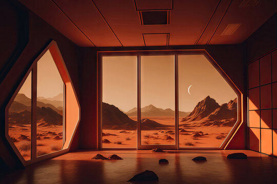 AI image of room with windows in evening time in Mars