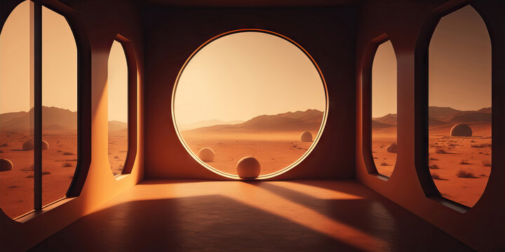AI image of room with windows in evening time in Mars