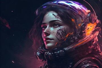 Dramatic lighting, epic portrait of a lady astronaut, and a cinematic artwork. Awe-inspiring, future space picture spanning galaxies and the cosmos Generative AI © LukaszDesign