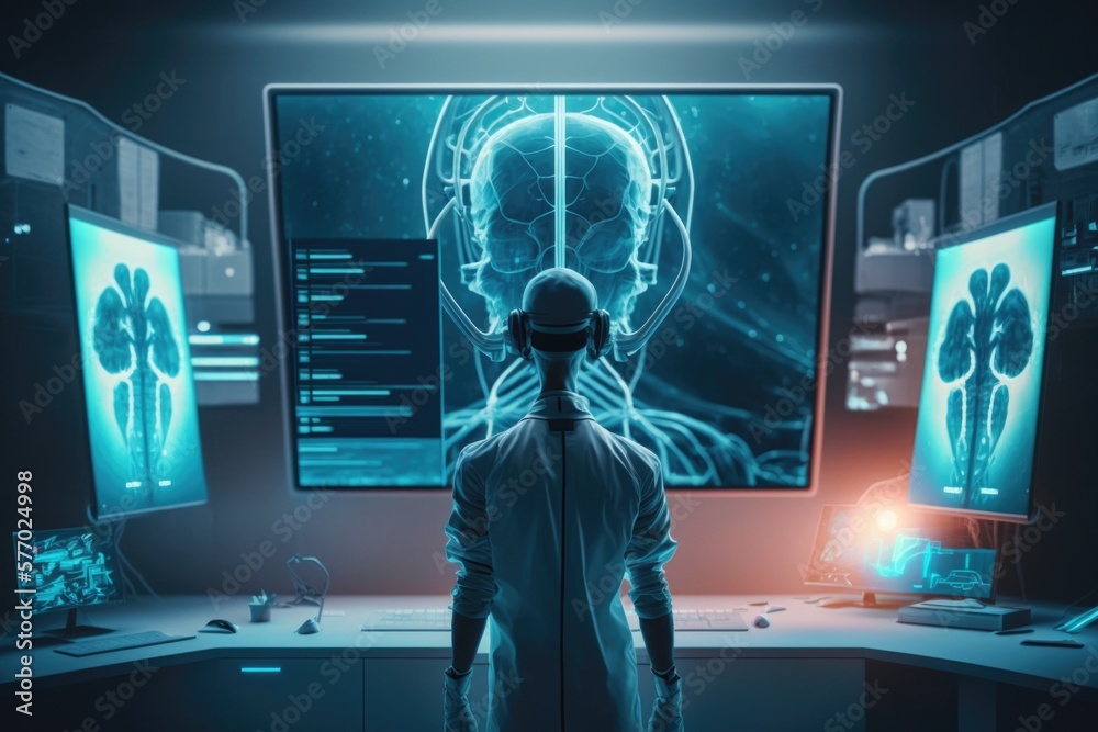 Poster A person standing in front of a computer screen with a brain scan on it's screen biopunk computer graphics neoplasticism