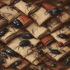 Ancient books pile, black beetles. Oil painting style. Generative AI