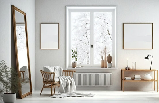 Two blank white wooden frames in a light scandinavian style modern room. Mock up template for Poster or Art placement created using generative AI tools