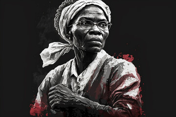 Women's History Month | A dramatic, high-contrast illustration of Sojourner Truth, captured in a powerful pose that highlights her strength and determination. Ai