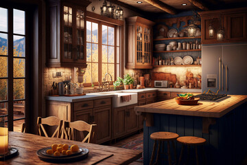 Warm and Inviting Scandinavian Classic Kitchen with Wood and White Details, Minimalistic Interior Design. Generative AI
