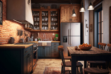 Fototapeta na wymiar Interior of kitchen in rustic style with vintage kitchen ware and window. White furniture and wooden decor in bright indoor., generative ai