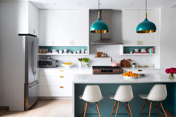 Warm and Inviting Scandinavian Classic Kitchen with Wood and White Details, Minimalistic Interior Design. Generative AI