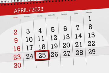 Calendar 2023, deadline, day, month, page, organizer, date, april, tuesday, number 25