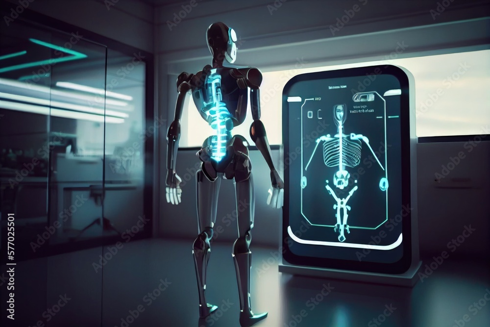 Poster a skeleton standing next to a futuristic interface in a room with a window and a sign cybernetics a 