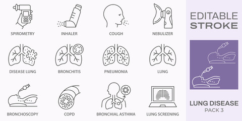 lung disease icons, such as inhaler, nebulizer, bronchoscopy, copd, cough and more. Editable stroke. - obrazy, fototapety, plakaty