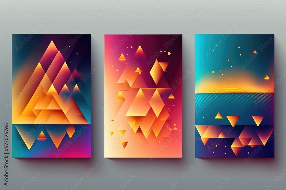 Fototapete three abstract banners with different shapes and colors on a gray background with a place for text c