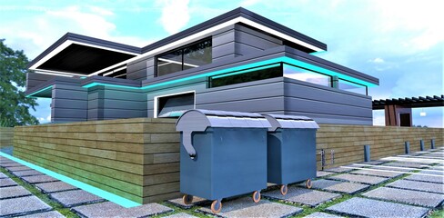 Two metal garbage containers on the concrete slabs pavement near the low wooden wall on the territory of the upscale estate with elegant day illumination. 3d rendering.