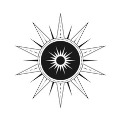 Abstract celestial sun vector illustration. Bohemian mystic symbol bursting sun rays. Magic talisman, antique tribal style, boho, tattoo, art print, tarot