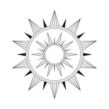 Abstract celestial sun vector illustration. Bohemian mystic symbol bursting sun rays. Magic talisman, antique tribal style, boho, tattoo, art print, tarot