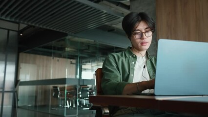 Relaxed brunet Asian man working on a laptop in headphones in the office - Powered by Adobe