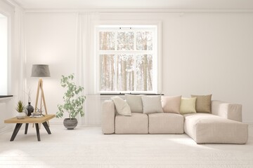 White living room with sofa and winter landscape in window. Scandinavian interior design. 3D illustration