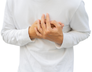 close up man feeling suffering and using hand for touching on chest for checking about his heart attack symptom suddenly for mental health care concept