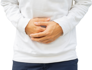 close up man hand massage on stomach with pain feeling on transparent background for unhealthy life and concept