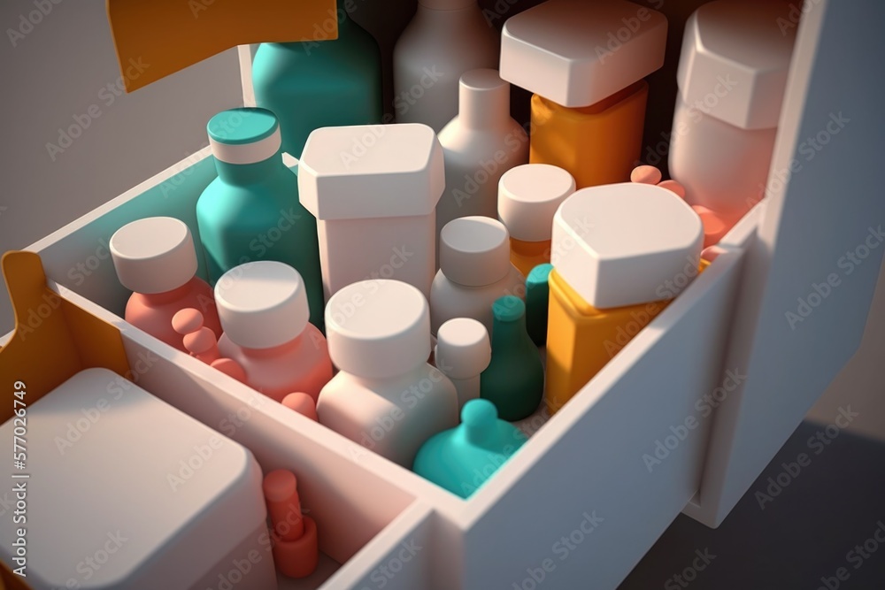 Poster a box filled with lots of different colored bottles and containers of different sizes and shapes oct