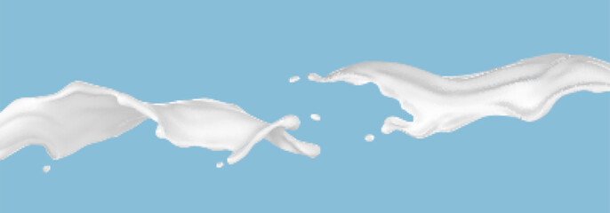 Milk splashes isolated on blue background. Liquid or yogurt splash. Vector 3d illustration
