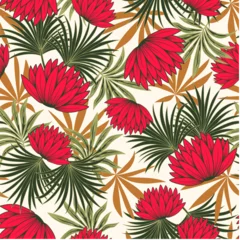 Fototapeten Abstract seamless tropical pattern with bright plants and flowers on a beige background. Tropical botanical. Seamless exotic pattern with tropical plants. Beautiful exotic plants.  © EltaMax99