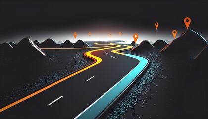 Neon color roadmap, street, dark background with goals created with generative ai technology