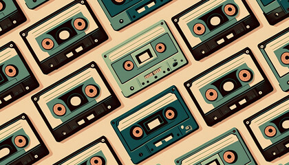 Audio cassette tape pattern wallpaper. Created with generative AI technology.