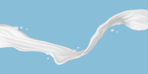 Milk or yogurt splash flow isolated on blue background. Vector realistic illustration.
