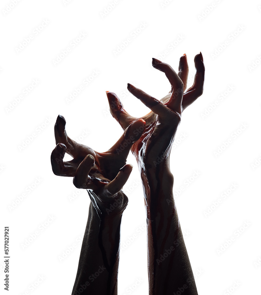 Wall mural Bloody hands of witch over white background