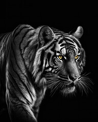 Generated photorealistic portrait of a walking tiger in black and white