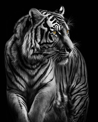 Generated photorealistic portrait of a wild tiger in profile in black and white format