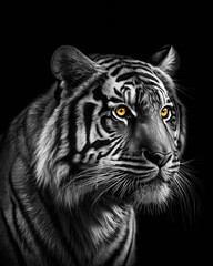 Generated photorealistic upright portrait of a tiger in black and white