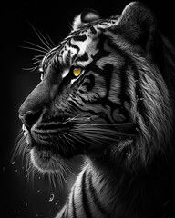 Generated photorealistic close-up portrait of a tiger in black and white on a black background