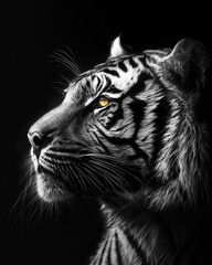 Generated photorealistic close-up portrait of a wild tiger in profile in black and white format
