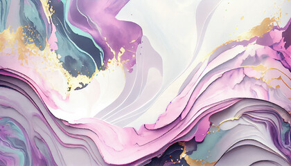 Abstract colorful background in pastel colors. Pink, purple, violet, white splash color waves with gold veins. Abstract luxury backdrop. Generative ai drawing in watercolor style