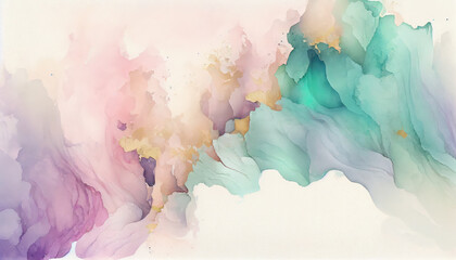 Abstract colorful background, pastel colors watercolor. Pink, turquoise, white, green, golden, violet splash color waves. Abstract watercolor backdrop. Generative ai drawing in watercolor style