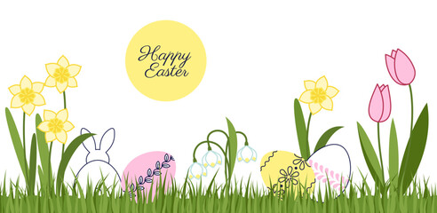 1357_Happy Easter greeting card with decorated eggs, rabbit and spring flowers