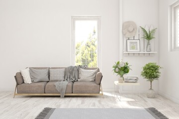 Fototapeta premium White modern interior design with sofa. Scandinavian interior design. 3D illustration