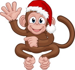 Christmas Monkey Cartoon Character in Santa Hat