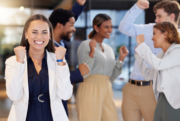 Celebration, winner and portrait of business woman in office with bonus, startup success and leadership. Collaboration, teamwork and excited employees with victory, achievement and winning goals